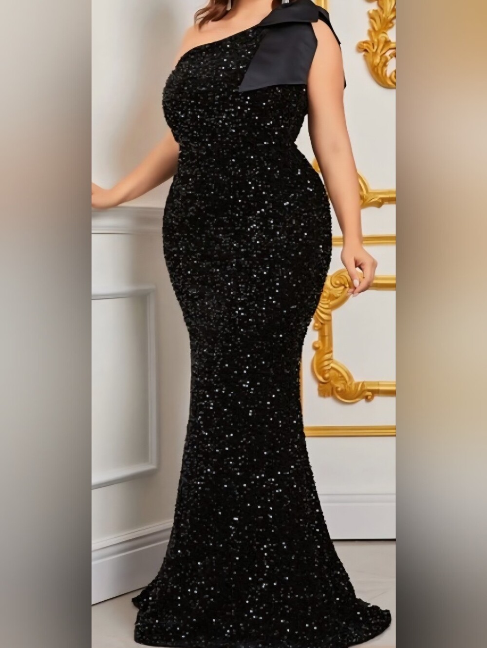 Faeriesty New One-Shoulder Black Stretch Velvet Sequined Evening Gown 4X Mermaid